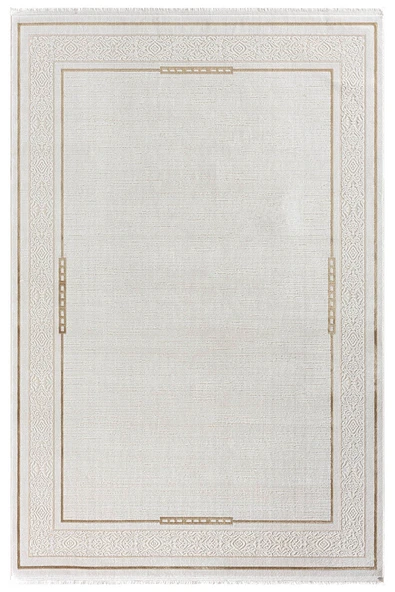 Elit El006s Krem Halı Gold Detaylı Kenar Çerçeveli Ince Yumuşak Akrilik Tozuaz Modern Salon Halısı 100 X 300 A.KREM-GOLD ürün görseli 1