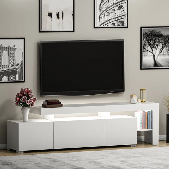 Beliz Modern LED Işıklı 3 Kapaklı, Raflı TV Sehpası – 192 cm  Beyaz ürün görseli 1