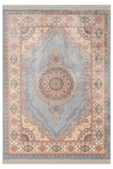 Imperial Luxe IL004G Gri Krem Çerçeveli Göbekli Halı Klasik Desen 100 Tarak Bambu Viskon İpek Serisi 100 X 300 GRI ürün görseli 1