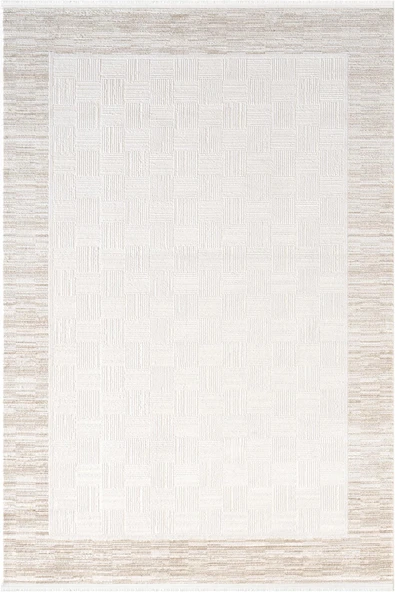 Jade JD007B Bej Halı Modern Çerçeve Desenli Triko Akrilik Pamuk Tabanlı Kaymaz Salon Halısı  80 X 300 BEJ ürün görseli 1