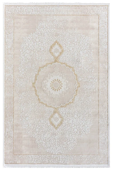 Elit El004s Krem Halı Gold Detaylı Göbekli Kenar Çerçeveli Ince Yumuşak Akrilik Tozuaz Modern Salon 100 X 200 A.KREM-GOLD ürün görseli 1