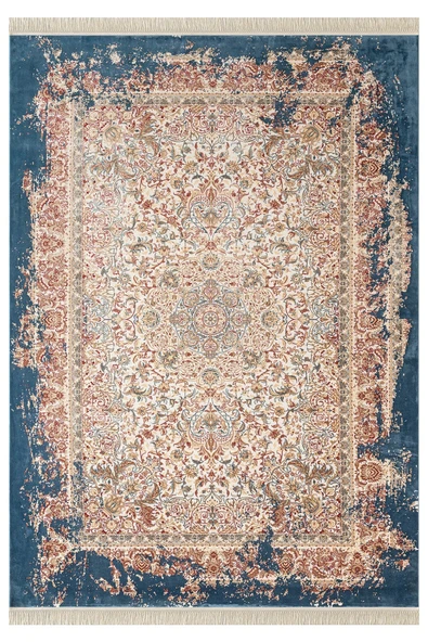 Diamente DM005M Krem Koyu Mavi Çerçeve Halı Modern Klasik Desen 100 Tarak Bambu Viskon İpek Serisi 100 X 200 MAVI KREM ürün görseli 1