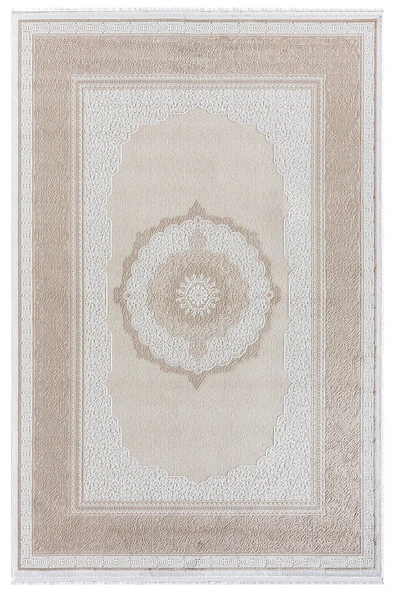 Elit El002a Krem Halı Toprak Kenar Çerçeveli Göbekli Ince Yumuşak Akrilik Tozuaz Modern Salon Halısı 80 X 150 A.KREM-VIZON ürün görseli 1