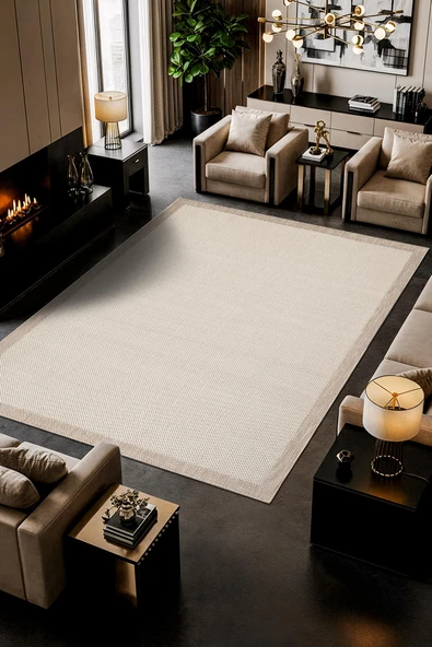 Zeen ZE002W Beyaz Kolay Temizlenebilir Makinede Yıkanabilir Bordürlü Sisal Mutfak Halısı Pamuk Taban 100 X 200 BEYAZ-BEJ ürün görseli 1