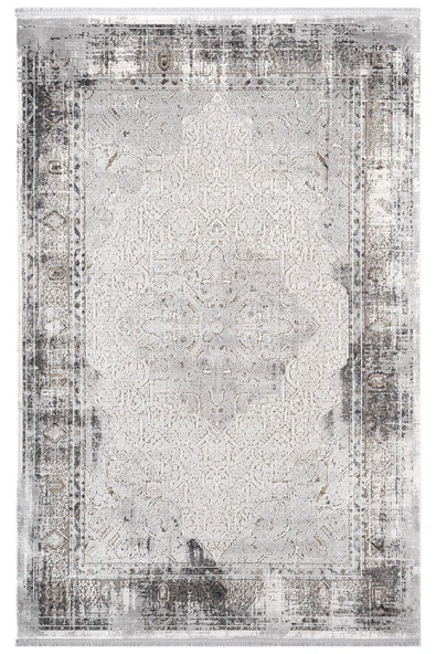 Vogue?VG008Z Koyu Gri Çerçeveli Göbekli Klasik Desen Modern Renk 100?Tarak Salon Halısı İpek Serisi 100 X 300 GRI ürün görseli 1