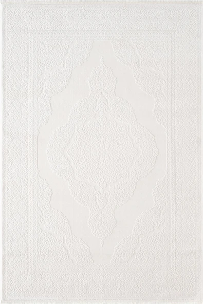 İndigo ID006W Beyaz Klasik Çerçeveli Desen Akrilik İplik Tozuaz Pamuk Taban Salon Mutfak Halısı 120 X 180 BEYAZ ürün görseli 1