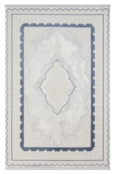 Dark Dk016m Gri Halı Mavi Kenar Çerçeveli Göbekli Akrilik Tozuaz Modern Salon Halısı Koridor Halısı 80 X 150 A.GRI-K.GRI ürün görseli 1