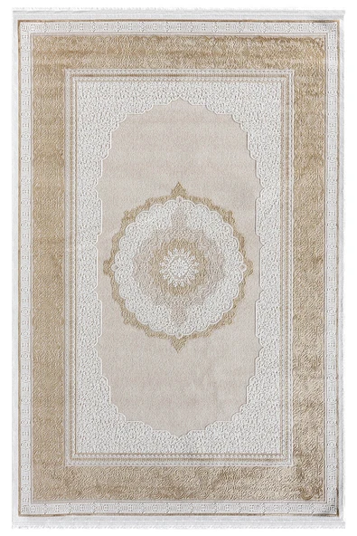 Elit El002s Krem Halı Gold Kenar Çerçeveli Göbekli Ince Yumuşak Akrilik Tozuaz Modern Salon Halısı 100 X 300 A.KREM-GOLD ürün görseli 1