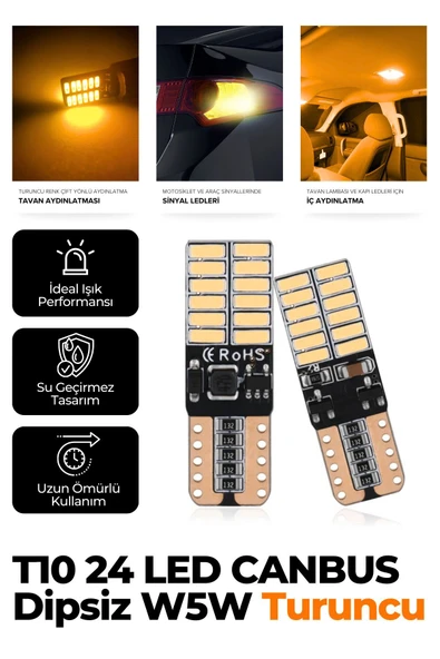 Kingstar T10 Dipsiz W5w Canbus 24 Ledli Turuncu Park Plaka Ampulü (2 ADET) ürün görseli 1