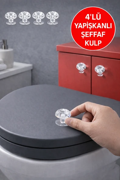 4'lü - 2026 Şeffaf Kristal Kulp – Yapışkanlı Mini Kapı Kulpu, Tuvalet Kapağı & Dolap Çekmece Kulbu ürün görseli 1