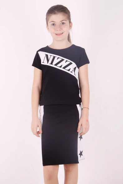 Toontoy Kız Çocuk 2'li Takım Baskılı Bisiklet Yaka T-Shirt & Basic Kalem Etek ürün görseli 1