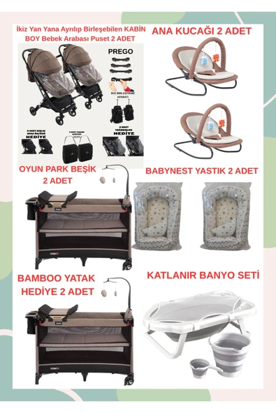 TURHANBEBE Yeni Doğan İkiz Bebek Çeyiz Seti Beşik Bebek Arabası Ana Kucağı Banyo Seti Baby Nest Kahverengi ürün görseli 1