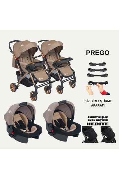 TURHANBEBE İkiz Bebek Arabası Çift Yönlü Bebek Arabası Sallanır Taşıma Puset İkiz Birleştirme Aparatlı Kahverengi ürün görseli 1