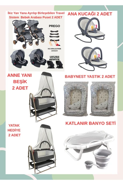 TURHANBEBE Yeni Doğan İkiz Bebek Çeyiz Seti Beşik Bebek Arabası Ana Kucağı Banyo Seti Baby Nest Gri3 ürün görseli 1