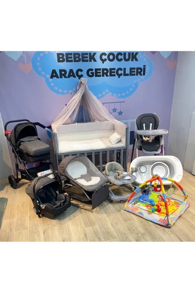 TURHAN BEBE Çeyiz Seti Bebek Arabası Puset Beşik Banyo Seti Yürüteç Ana Dizi Yürüteç Mama Sandalyesi Oyun Halısı GRİ ürün görseli 1