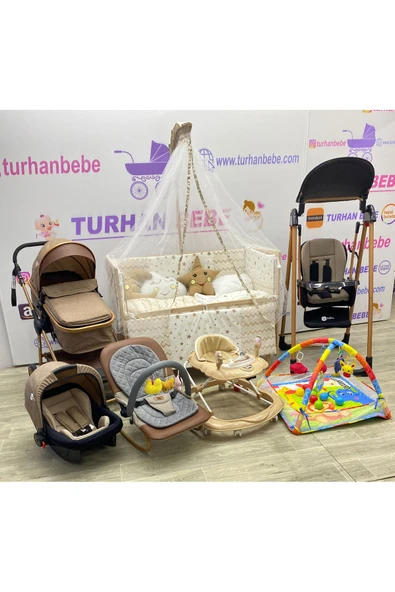 TURHAN BEBE Yeni Doğan Çeyiz Seti Bebek Arabası + Anne Yanı Beşik + Yürüteç +Salıncak+ Ana Dizi GOLD ürün görseli 1