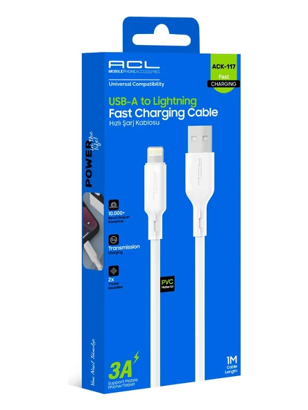 ŞARJ KABLO USB to LİGHTNİNG İOS 3A 1MT ACK-117 ürün görseli 1