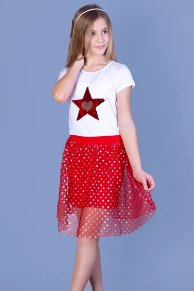 Toontoy Kız Çocuk 2'li Takım Baskılı Bisiklet Yaka T-Shirt & Astarlı Tül Etek ürün görseli 1