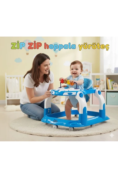 TURHANBEBE Kornalı Oyuncaklı Mama Tablalı Zıp Zıp Hoppala Yürüteç & Örümcek & İlk Adım Mavi ürün görseli 1