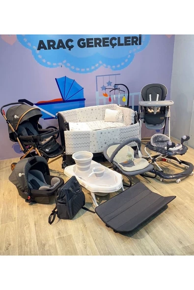 TURHAN BEBE Yeni Doğan Flex Bebek Çeyiz Seti 16 PARÇA PARK BEŞİK BEBEK ARABSI ANA KUCAĞI MAMA SANDALYESİ.. Siyah/GRİ ürün görseli 1