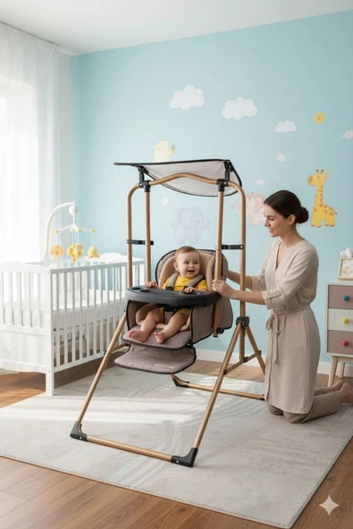 TURHAN BEBE Tam Yatarlı Tenteli Mama Tablalı Keten Kumaş Ev Tipi Gold Salıncaklı & Mama Sandalyesi GOLD/GRİ ürün görseli 1