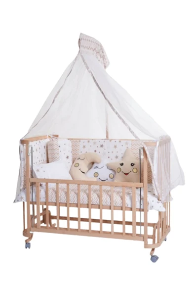 TURHAN BEBE Ahşap Beşik Anne Yanı Beşik Sallanır Beşik Organik 60x120 + Yıldız Uyku Seti + Yatak + Tekerlekli KAHVE ürün görseli 1
