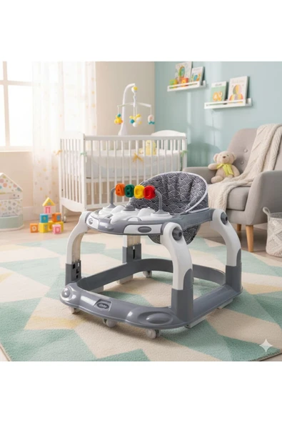 TURHANBEBE Kornalı Oyuncaklı Mama Tablalı Zıp Zıp Hoppala Yürüteç & Örümcek & İlk Adım Gri ürün görseli 1