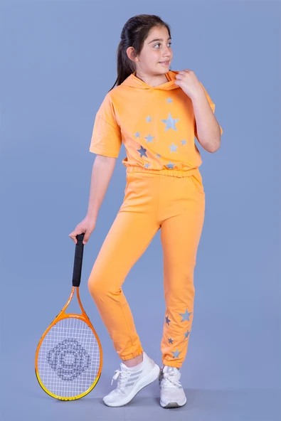 Toontoy Kız Çocuk 2'li Takım Baskılı Kısa Kollu Kapüşonlu Sweatshirt & Beli Paçası Lastikli Cepli Jogger Eşofman Altı - TK11242 ürün görseli 1