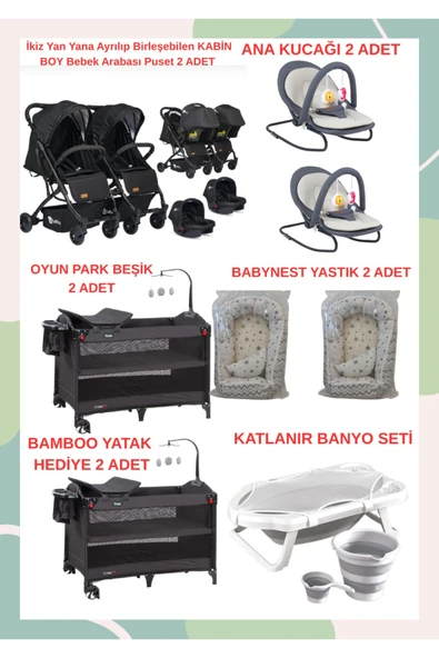 TURHANBEBE Yeni Doğan İkiz Bebek Çeyiz Seti Beşik Bebek Arabası Ana Kucağı Banyo Seti Baby Nest Siyah5 ürün görseli 1