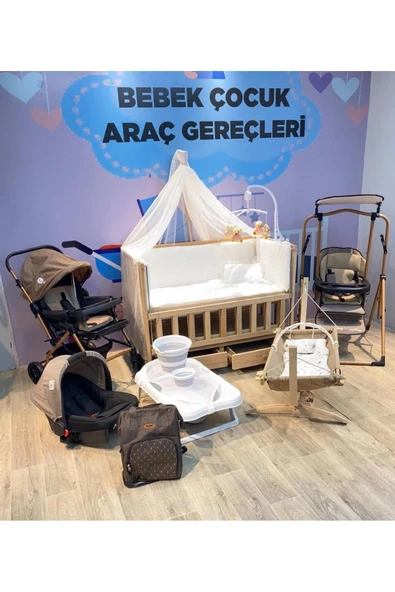 TURHAN BEBE 25 Parça YENİ DOĞAN BUKKA BEBEK ÇEYİZ SETİ SALINCAK ÇEKMECELİ BEŞİK HAMAK PUSET ÇANTA... Kahverengi ürün görseli 1