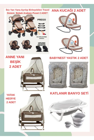 TURHANBEBE Yeni Doğan İkiz Bebek Çeyiz Seti Beşik Bebek Arabası Ana Kucağı Banyo Seti Baby Nest Kahverengi2 ürün görseli 1