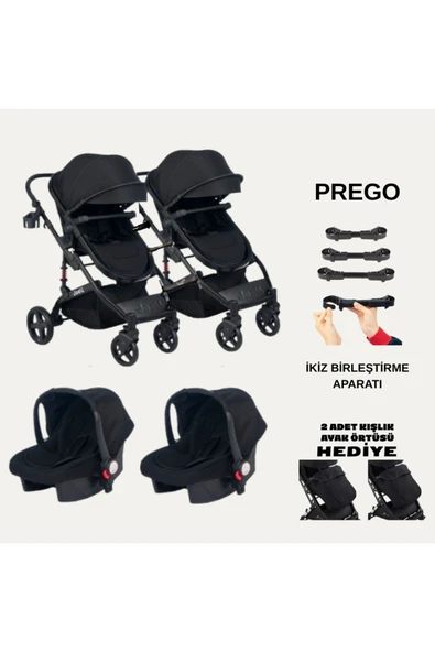 TURHANBEBE İkiz Yan Yana Ayrılıp Birleşebilen Travel Sistem Çift Yönlü Bebek Arabası Puset Birleştirme Aparatlı Siyah ürün görseli 1