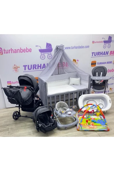TURHAN BEBE Bebek Arabası Puset Beşik Banyo Seti Yürüteç Çanta Yürüteç Mama Sandalyesi Oyun Halısı GRİ ürün görseli 1