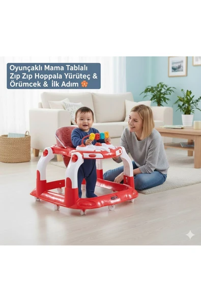 TURHANBEBE Kornalı Oyuncaklı Mama Tablalı Zıp Zıp Hoppala Yürüteç & Örümcek & İlk Adım Kırmızı ürün görseli 1