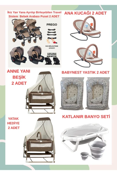 TURHANBEBE Yeni Doğan İkiz Bebek Çeyiz Seti Beşik Bebek Arabası Ana Kucağı Banyo Seti Baby Nest Kahverengi3 ürün görseli 1