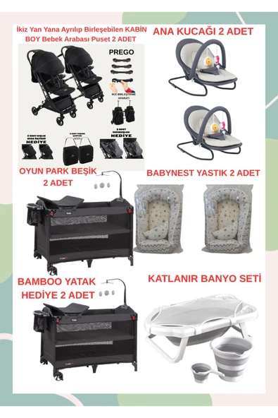 TURHANBEBE Yeni Doğan İkiz Bebek Çeyiz Seti Beşik Bebek Arabası Ana Kucağı Banyo Seti Baby Nest Siyah ürün görseli 1