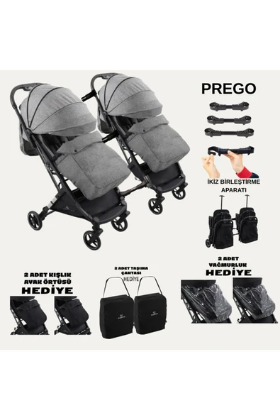 TURHAN BEBE Prego Yan Yana Birleştirmeli Kabin Boy İkiz Bebek Arabası Ayak Örtüsü + Yağmurluk +Taşıma Çanatası Gri ürün görseli 1