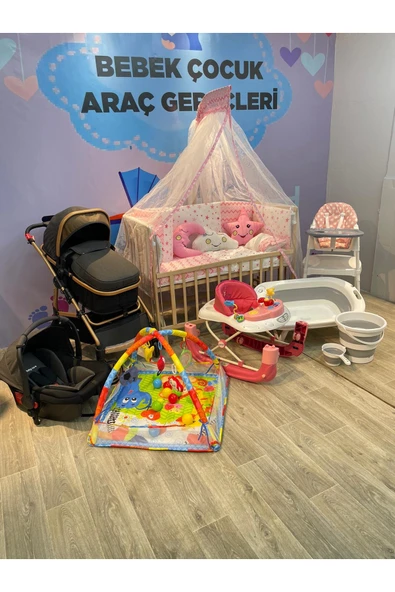 TURHAN BEBE Lüx Yeni Doğan Çeyiz Seti Bebek Araba + Beşik + Yürüteç + Mama Sandalye + Banyo Seti + Oyun Halısı PEMBE ürün görseli 1