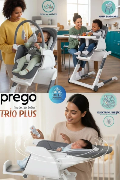 Prego Trio Plus 3'ü 1 Arada Mama Sandalyesi - Yatırılabilir Sırt Ayarlı ve Tekerlekli Lüks Yemek Koltuğu Gri ürün görseli 1