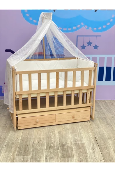 TURHAN BEBE Ahşap Anne Yanı Asansörlü Çekmeceli Sallanır Beşik Tam Set Uyku Seti Koyu Gri ürün görseli 1