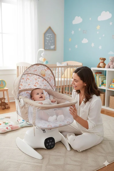 BabyHope TURHAN BEBE Otomatik Sallanır Kumandalı Anakucağı Porbebeli Mavi ürün görseli 1