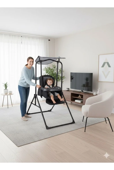TURHANBEBE Yatarlı Tenteli Mama Tablalı Ev Tipi Salıncak & Mama Sandalyesi SİYAH/Gri ürün görseli 1