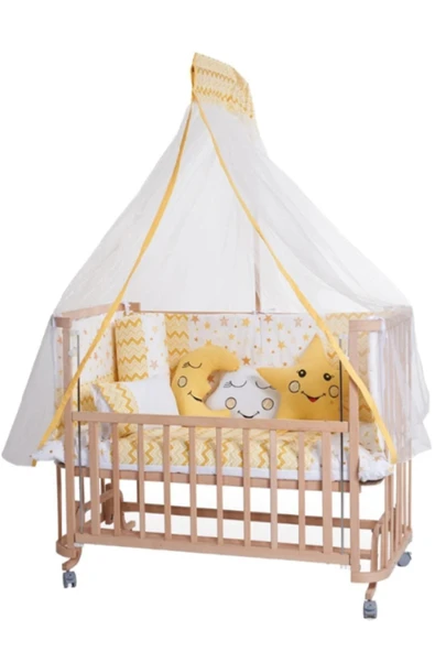 TURHAN BEBE Ahşap Beşik Anne Yanı Beşik Sallanır Beşik Organik 60x120 Yıldız Uyku Seti Yatak Tekerlekli SARI ürün görseli 1