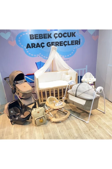TURHAN BEBE Ahşap Anne Yanı Beşik + Bebek Arabası + Puset + Otomatik Beşik + Yürüteç + Mama Sandalyesi + Çanta GOLD/KAHVE ürün görseli 1