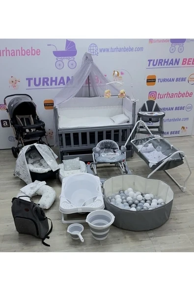 TURHAN BEBE Yeni Doğan MOJE GRİ Lüx Bebek Çeyiz Seti (28 PARÇA) ÇEKMECELİ BEŞİK BEBEK ARABASI HAMAK... Gri ürün görseli 1