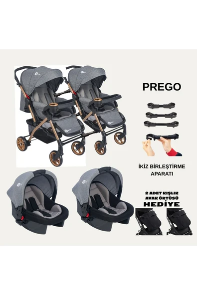 TURHANBEBE İkiz Bebek Arabası Çift Yönlü Bebek Arabası Sallanır Taşıma Puset İkiz Birleştirme Aparatlı Gri ürün görseli 1