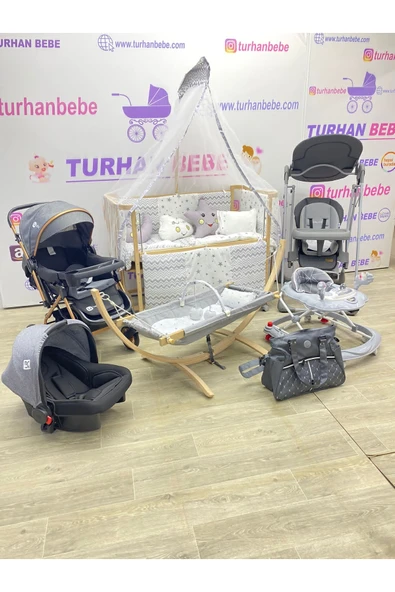 TURHAN BEBE Yeni Doğan LOVE Lüx Bebek Çeyiz Seti (22 Parça) AHŞAP BEŞİK BEBEK ARABASI SALINCAK HAMAK PUSET.. GRİ ürün görseli 1