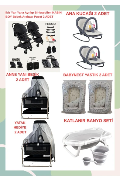 TURHANBEBE Yeni Doğan İkiz Bebek Çeyiz Seti Beşik Bebek Arabası Ana Kucağı Banyo Seti Baby Nest Siyah4 ürün görseli 1