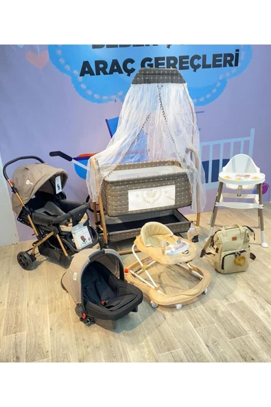 TURHAN BEBE Yeni Doğan King Bebek Çeyiz Seti Bebek Araba Puset Beşik Yürüteç Mama Sandalyesi Çanta... KAHVE ürün görseli 1