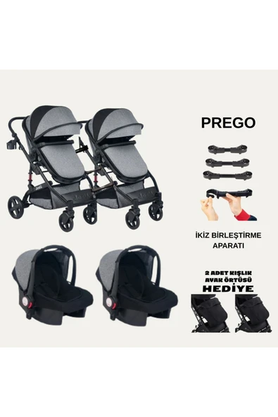 TURHANBEBE İkiz Yan Yana Ayrılıp Birleşebilen Travel Sistem Çift Yönlü Bebek Arabası Puset Birleştirme Aparatlı Gri ürün görseli 1